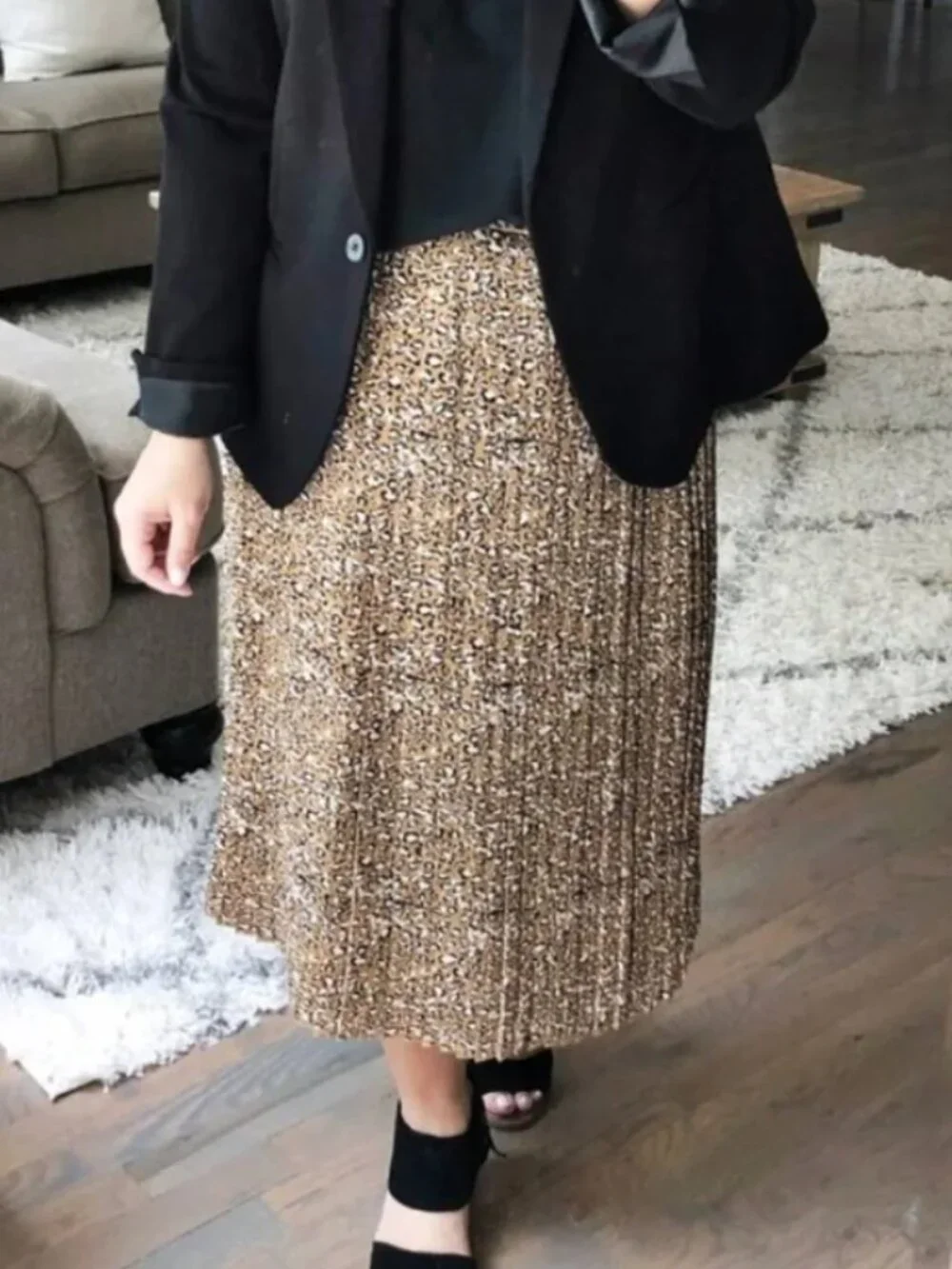 J. CREW Factory Pleated Midi Skirt Tan Brown Black Leopard Print Cheetah Animal